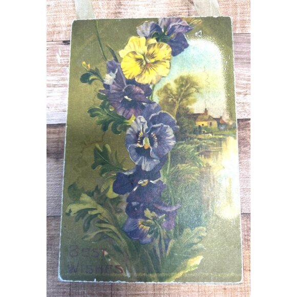 Vintage Floral Pansy Plaque With "Best Wishes" Text & Ribbon Hanger - Picture 1 of 4